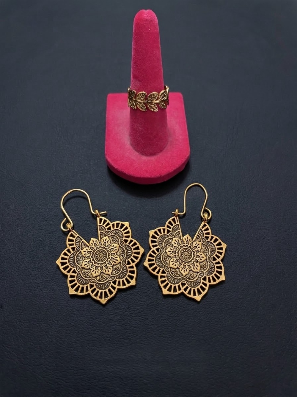 Bundle bohemian Mandala Drop Earrings and Leaf Band Ring Set stainless steel
